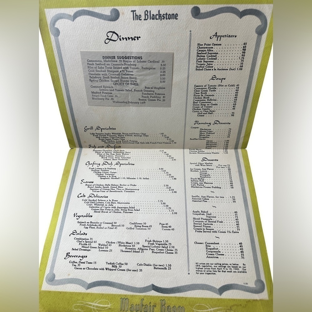 Mayfair Room Historic Menu 👑